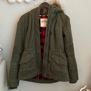 Hollister green jacket with fuzzy hood
